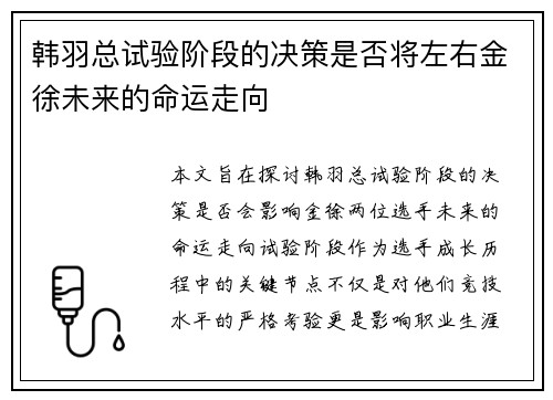韩羽总试验阶段的决策是否将左右金徐未来的命运走向
