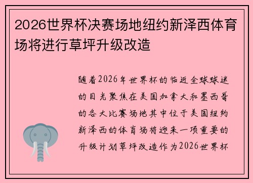 2026世界杯决赛场地纽约新泽西体育场将进行草坪升级改造